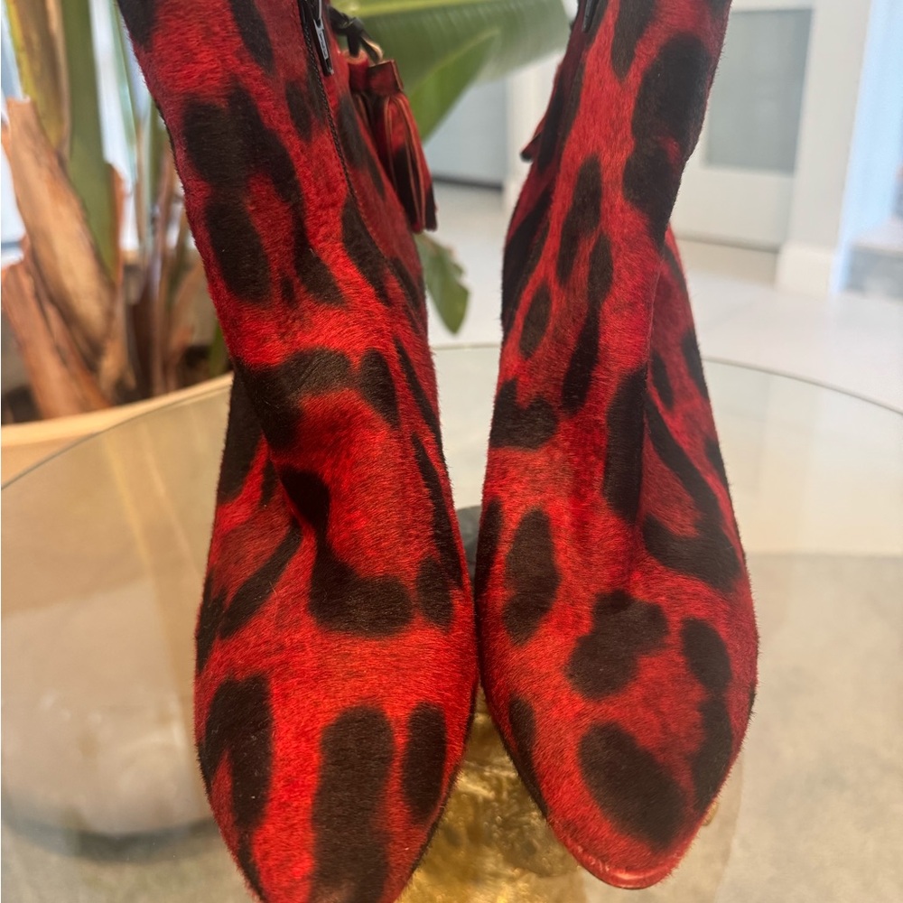 Fabulous Stuart Weitzman Red and Black Leopard Ponyhair Ankle Boots